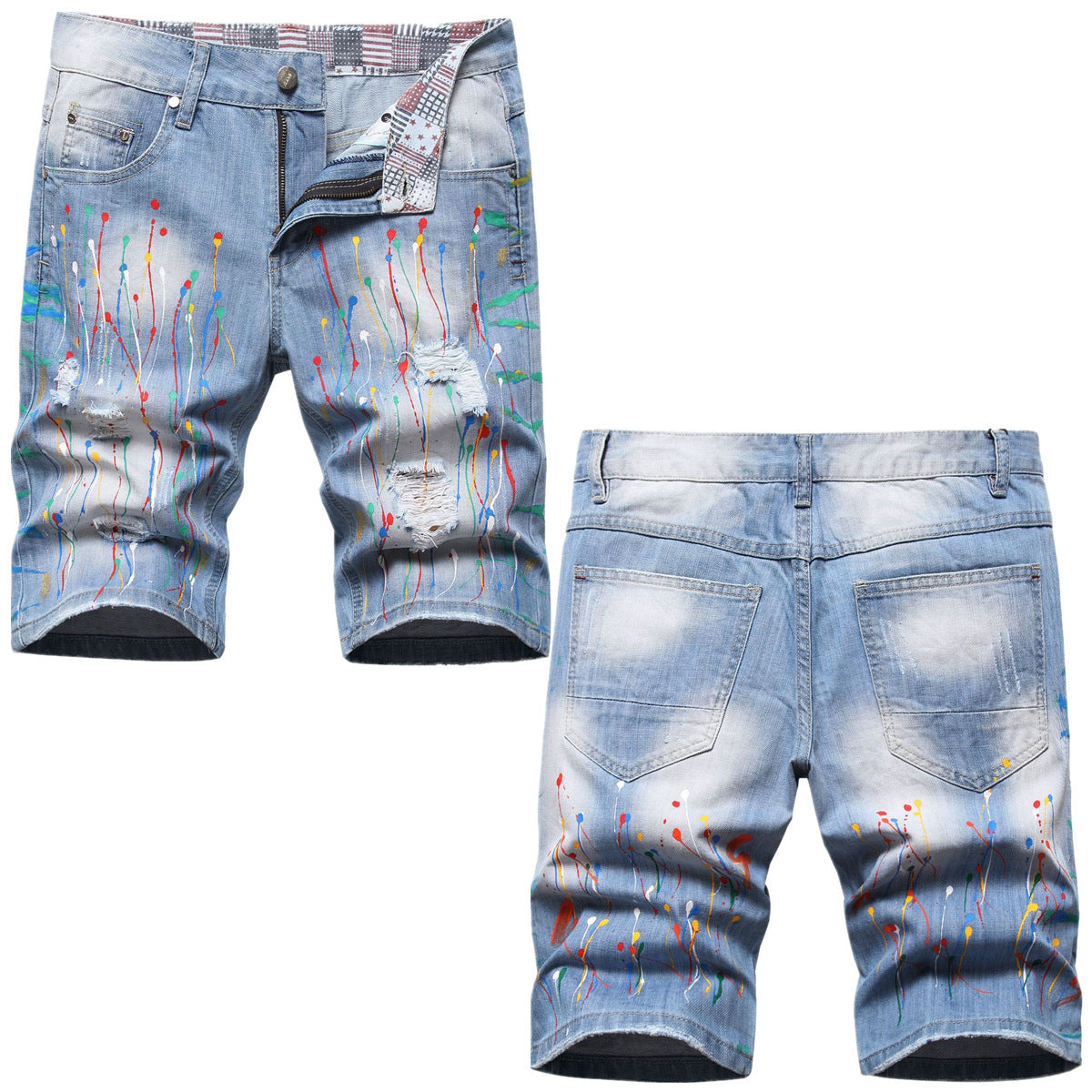 Hip Hop Style Hand-tied Color Ripped Denim Middle Pants Men - Bellarte Enchanté Hip Hop Style Hand-tied Color Ripped Denim Middle Pants Men